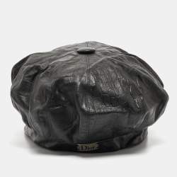 Pre Owned Dior Black Croc Embossed Leather Newsboy Cap