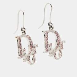 Pre Owned Dior Logo Crystal Silver Tone Necklace and Earrings
