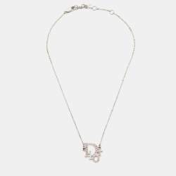 Pre Owned Dior Logo Crystal Silver Tone Necklace and Earrings