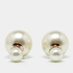 Pre Owned Dior Tribales Faux Pearl Gold Tone Earrings