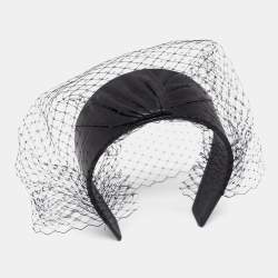 Pre Owned Dior Black Leather Veil Trimmed Poesy Headband One Size