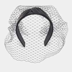 Pre Owned Dior Black Leather Veil Trimmed Poesy Headband One Size