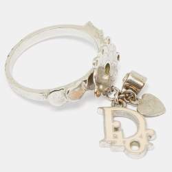 Dior Bague Enamel Crystal Silver Tone Charm Ring Size 52