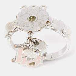 Dior Bague Enamel Crystal Silver Tone Charm Ring Size 52