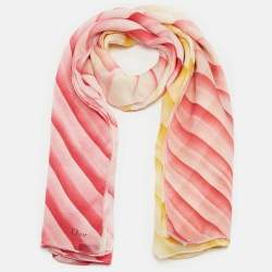 Christian Dior Pink/Yellow Diagonal Stripe Silk Square Scarf 