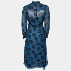 Pre Owned Dior Blue Constellation Printed Silk Tie-Neck Detail A-Line Midi Dress S