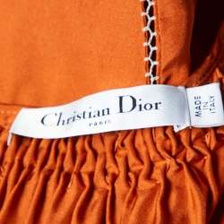 Pre Owned Dior Orange Silk Smocked & Lace Trimmed  Maxi Dress L