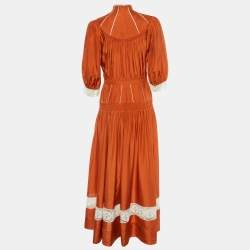Pre Owned Dior Orange Silk Smocked & Lace Trimmed  Maxi Dress L