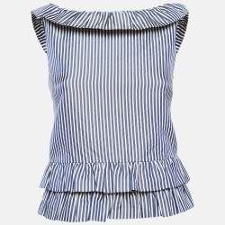 Pre Owned Dior White/Blue Stripe Patterned Cotton & Silk Blend Ruffled Top S