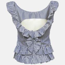 Pre Owned Dior White/Blue Stripe Patterned Cotton & Silk Blend Ruffled Top S