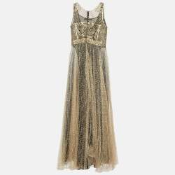 Pre Owned Dior Gold Embroidered Lace & Tulle Sleeveless Maxi Dress L