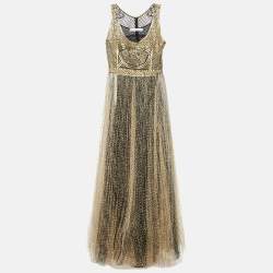 Pre Owned Dior Gold Embroidered Lace & Tulle Sleeveless Maxi Dress L