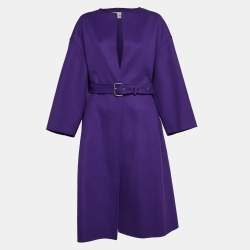 Christian Dior Purple Wool Blend Belted Open Front Long Coat L