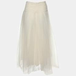 Dior Cream Textured Tulle Overlay Gathered Midi Skirt S