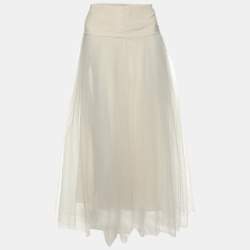 Dior Cream Textured Tulle Overlay Gathered Midi Skirt S