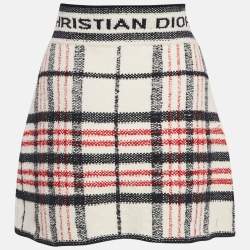 Dior White Plaid and Logo Pattern Tweed Mini Skirt M