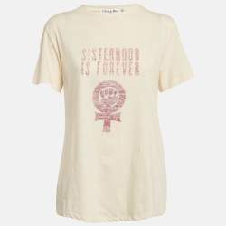 Dior Cream Printed Cotton and Linen Crew Neck T-Shirt L