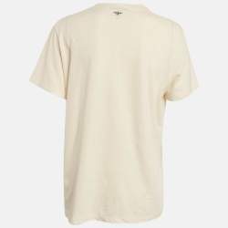 Dior Cream Printed Cotton and Linen Crew Neck T-Shirt L