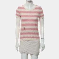 Dior Pink, Cream Linen, Cashmere, Silk, Polyamide Knitted Bee Embroidered T-Shirt IT 38