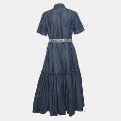 Christian Dior Blue Denim Belted Flounce Midi Dress M