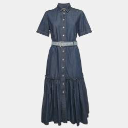 Christian Dior Blue Denim Belted Flounce Midi Dress M