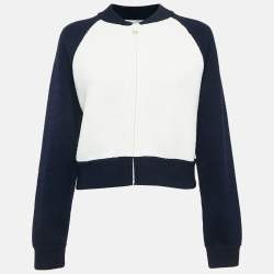 Pre Owned Dior Navy Blue/White Wool Knit Raglan Sleeve Bomber Jacket M