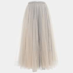 Pre Owned Christian Dior Light Pink & Grey Polka Dot Tulle Maxi Skirt S