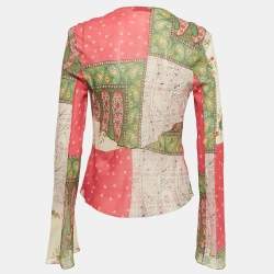 Pre Owned Christian Dior Multicolor Printed Silk Ruffle Detail Blouse L
