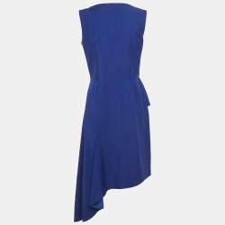 Dior Blue Wool V-Neck Asymmetric Midi Dress M