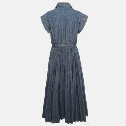 Pre Owned Dior Blue Butterfly Embroidery Denim Belted Button Front Long Dress L