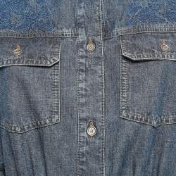 Pre Owned Dior Blue Butterfly Embroidery Denim Belted Button Front Long Dress L