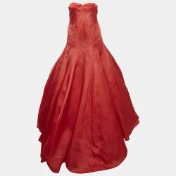 Pre Owned Christian Dior Haute Couture Red Silk Strapless Gown XS
