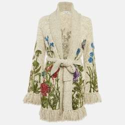 Christian Dior Beige Floral Embroidered Knit Fringed Cardigan S