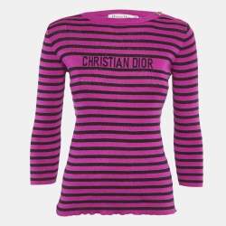 Christian Dior Pink/Black Striped Logo Intarsia Knit Sweater L