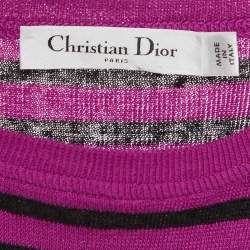 Christian Dior Pink/Black Striped Logo Intarsia Knit Sweater L