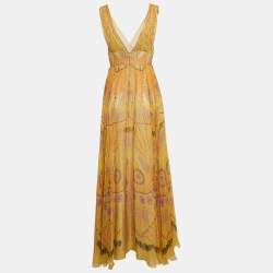 Pre Owned Christian Dior Yellow Printed Silk Maxi Dress S