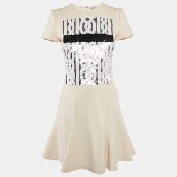 Christian Dior Cream Wool Sequin Embellished Flared Mini Dress S