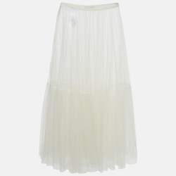 Pre Owned Christian Dior White Flocked Tulle Gathered Midi Skirt S