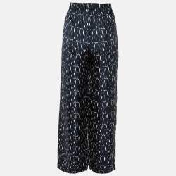 Pre Owned Christian Dior Blue Monogram Print Silk Straight Leg Trousers M