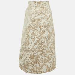 Pre Owned Christian Dior White/Gold Brocade Midi Skirt M
