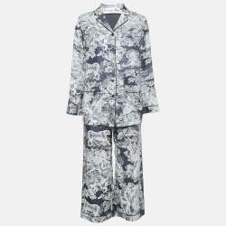 Dior White/Navy Blue Toile de Jouy Print Silk Pants & Top Set S