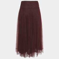 Dior Burgundy Dot Flock Print Tulle Pleated Midi Skirt S