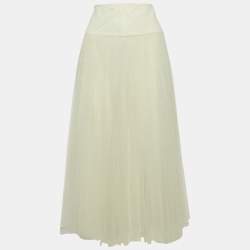 Pre Owned Christian Dior White Tulle Pleated Midi Skirt S