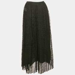 Pre Owned Christian Dior Black Silk Lace Pleated Midi Skirt S