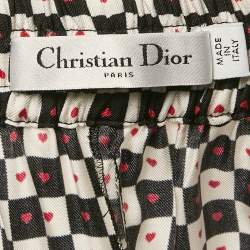 Pre Owned Dior White/Black Checkered Heart Print Silk Pajama Pants M