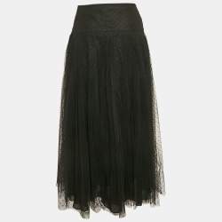 Dior Black Dotted Tulle Pleated Midi Skirt M