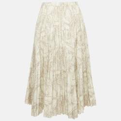 Pre Owned Dior Off-White Printed  Cotton Pleated Midi Skirt S