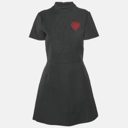 Christian Dior Black Heart Applique Wool Quilted Detail Short Dress M