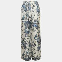 Dior White/Blue Printed Silk Wide Leg Pants M