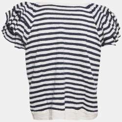 Pre Owned Christian Dior Blue Striped Linen Knit Ruffled Sleeve Top M